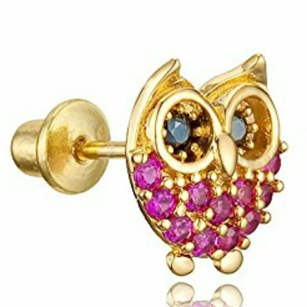 14k gold plated Red Owl CZ Girls Earrings